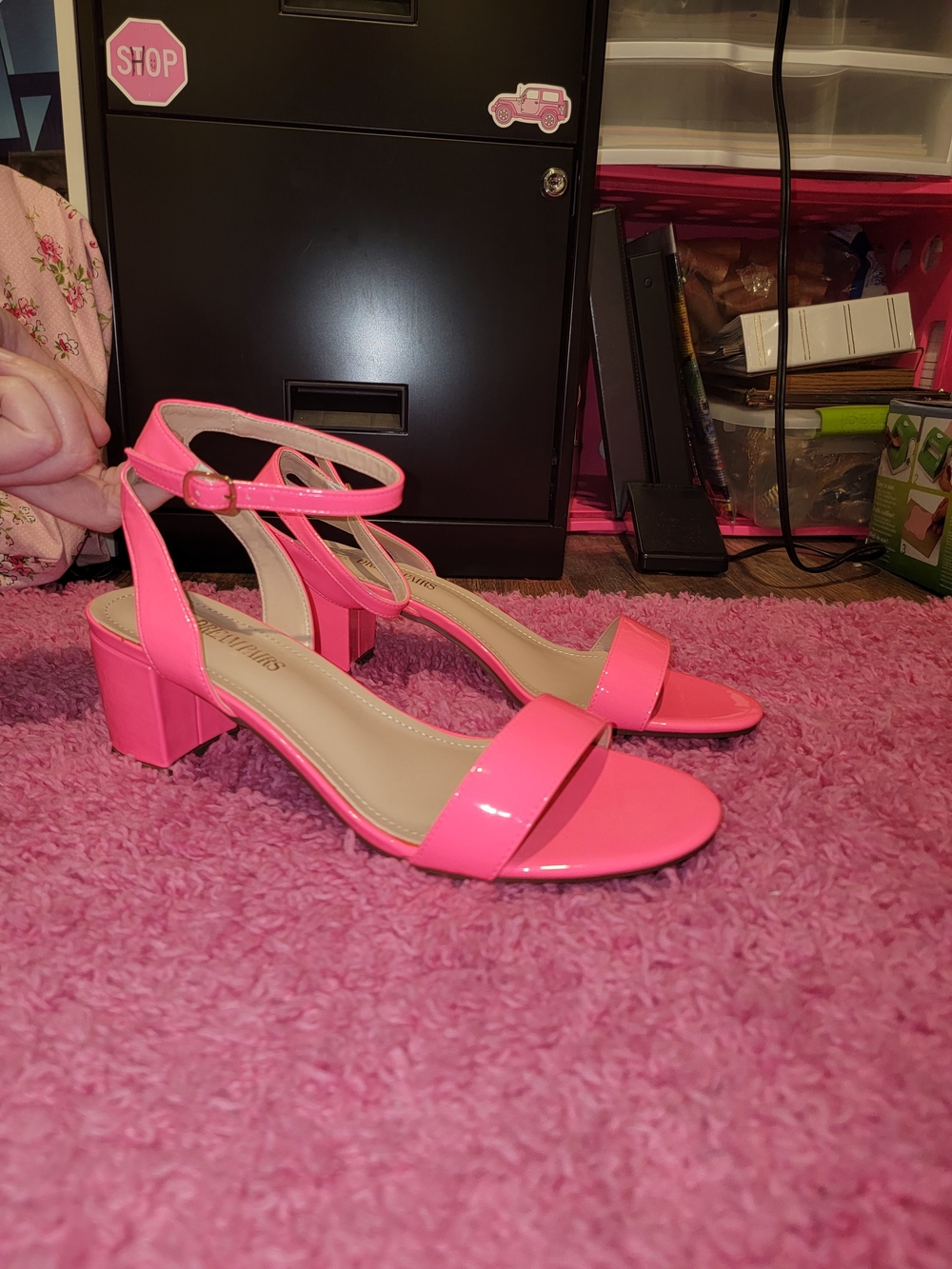 Women's Pink Block Heel Ankle Strap Sandals